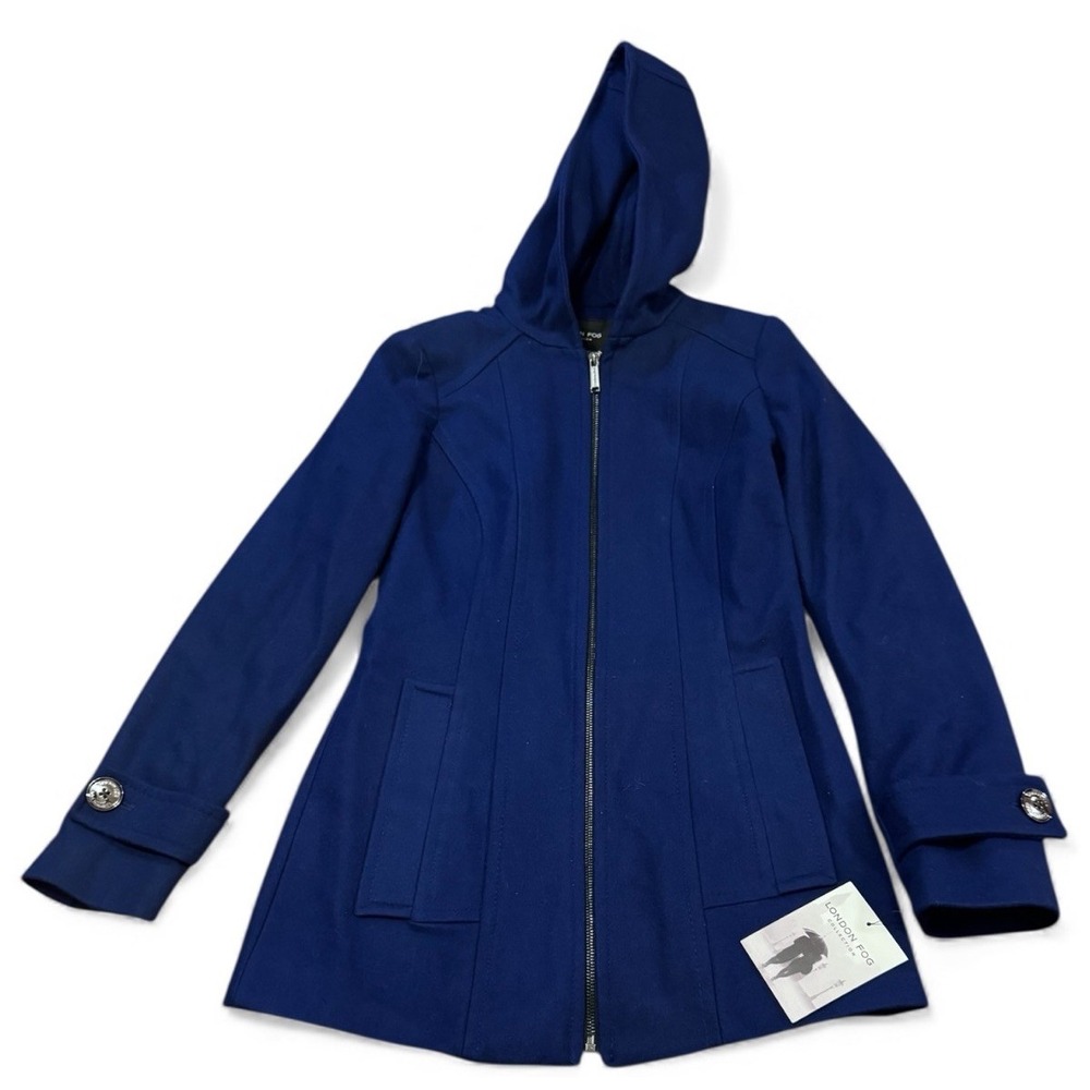 London Fog Collection Wool Blend Hooded Coat XXS Blue Zip Jacket NWT